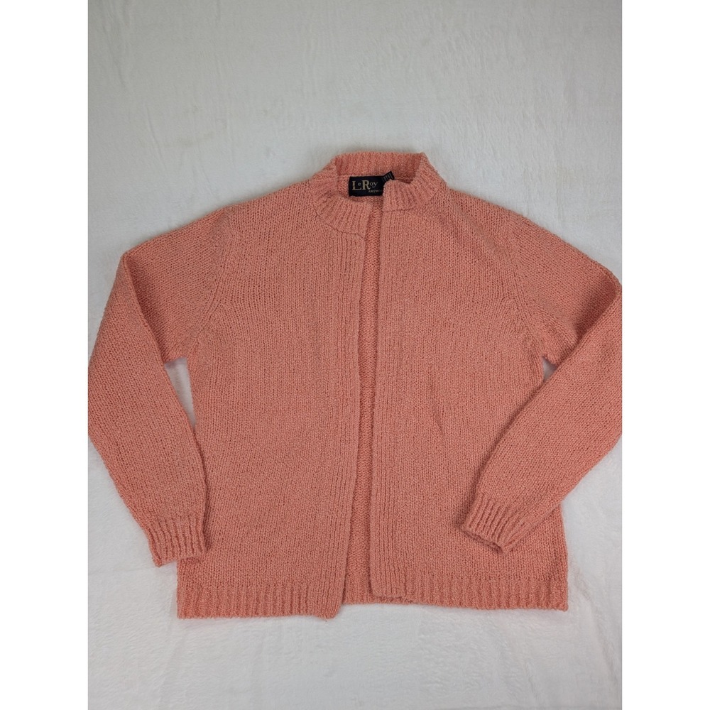 Vintage LeRoy Knitwear Open Cardigan Sweater Women XL Peach Coral 60s 70s Granny